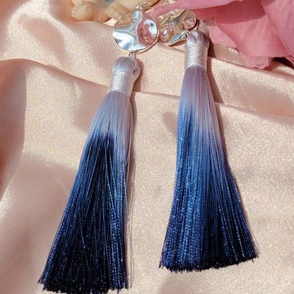 Gradient Royal Blue Long Dangle Tassel Earring, Elegant Evening Jewelry, Two Tone Ombre Drop