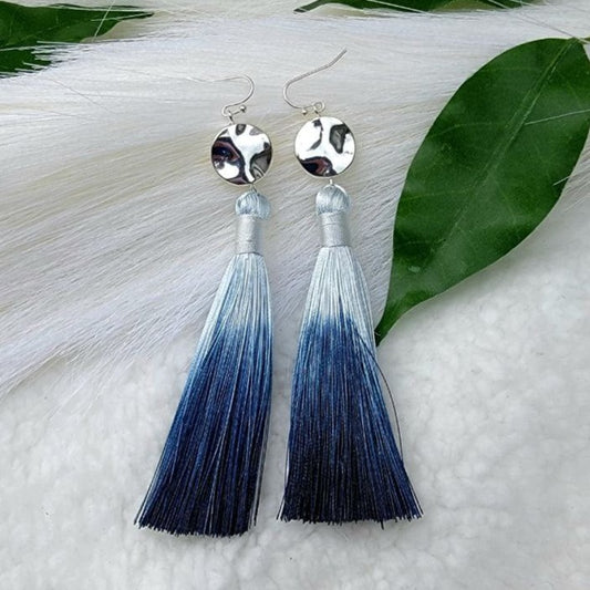 Gradient Royal Blue Long Dangle Tassel Earring, Elegant Evening Jewelry, Two Tone Ombre Drop