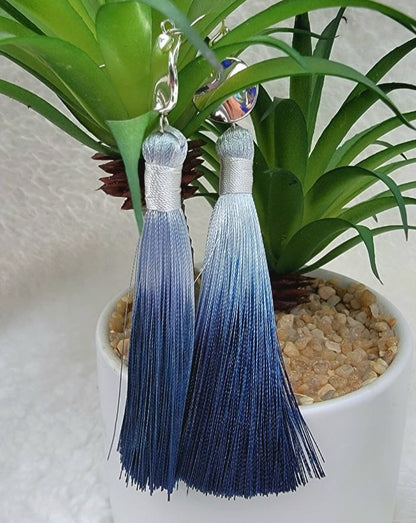 Gradient Royal Blue Long Dangle Tassel Earring, Elegant Evening Jewelry, Two Tone Ombre Drop