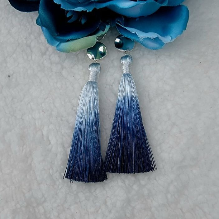 Gradient Royal Blue Long Dangle Tassel Earring, Elegant Evening Jewelry, Two Tone Ombre Drop