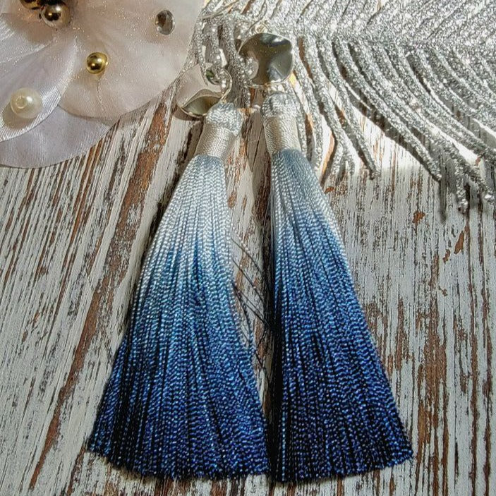 Gradient Royal Blue Long Dangle Tassel Earring, Elegant Evening Jewelry, Two Tone Ombre Drop