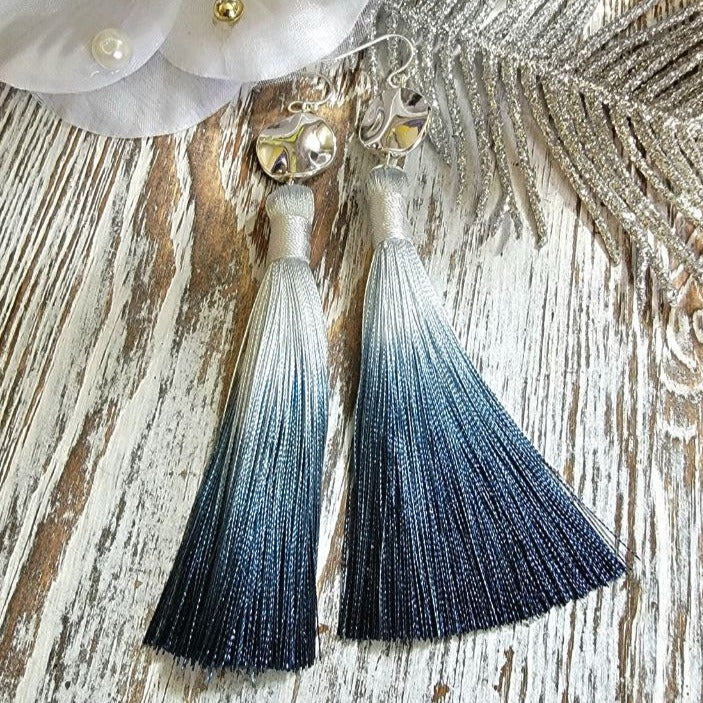 Gradient Royal Blue Long Dangle Tassel Earring, Elegant Evening Jewelry, Two Tone Ombre Drop