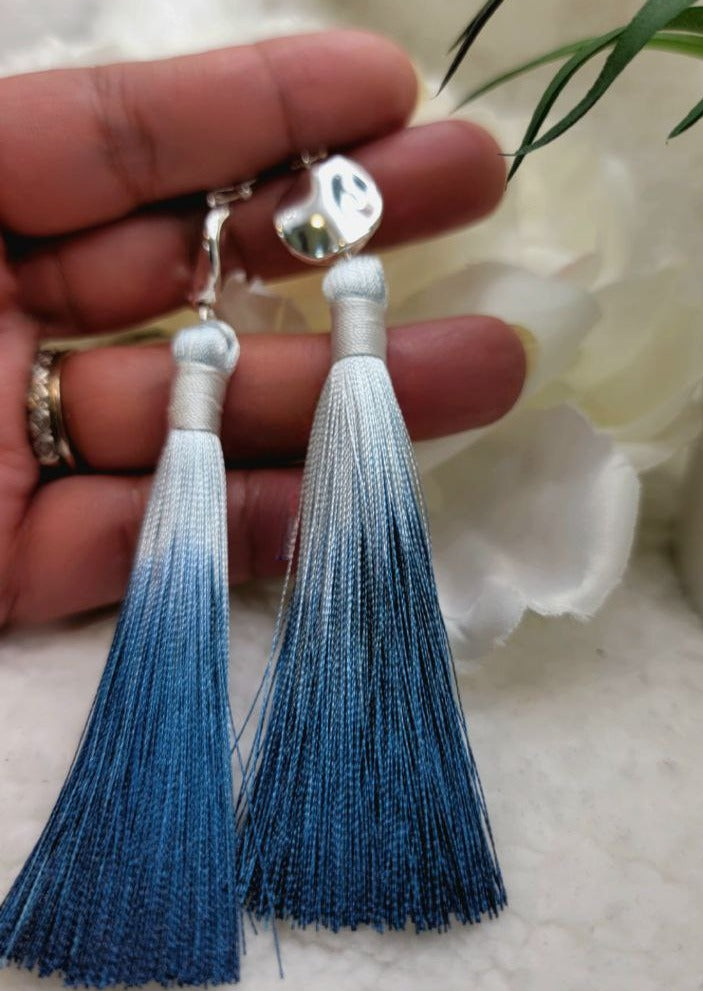 Gradient Royal Blue Long Dangle Tassel Earring, Elegant Evening Jewelry, Two Tone Ombre Drop