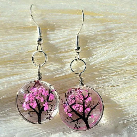 Bright Pink Baby's Breath Earrings, Tree of Life Danlge