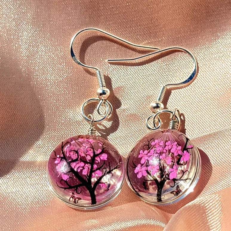 Bright Pink Baby's Breath Earrings, Tree of Life Danlge