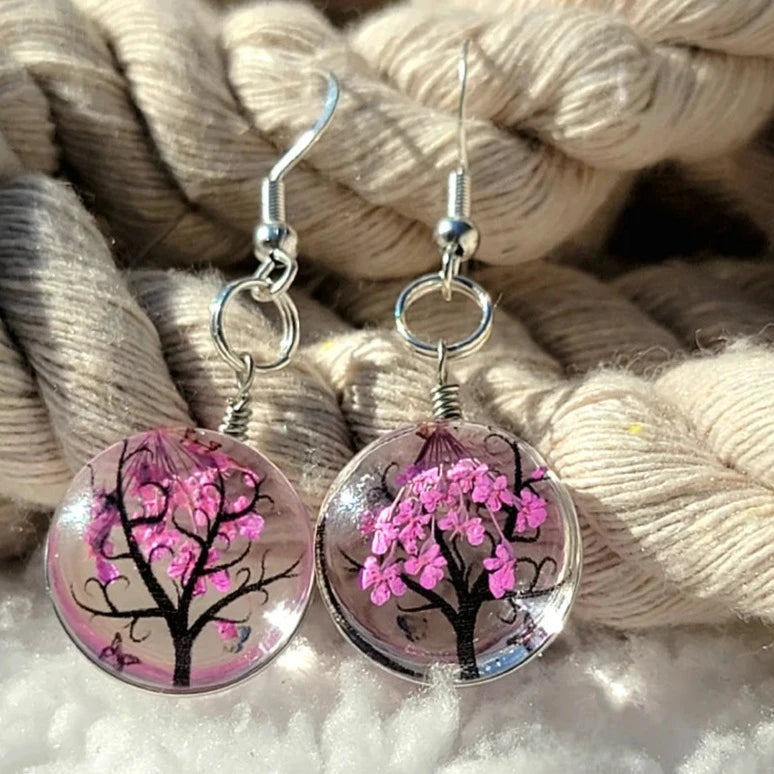 Bright Pink Baby's Breath Earrings, Tree of Life Danlge