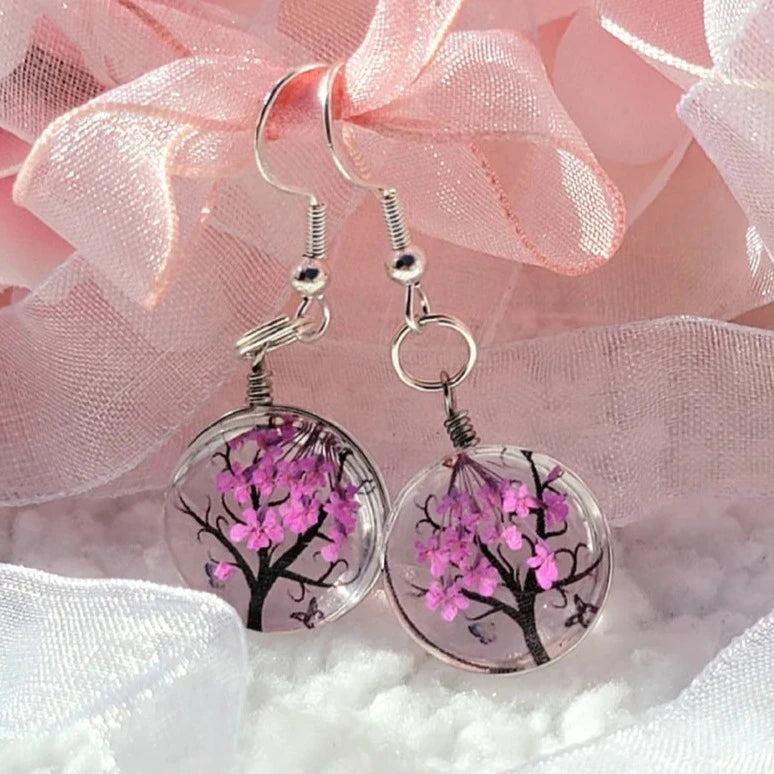 Bright Pink Baby's Breath Earrings, Tree of Life Danlge