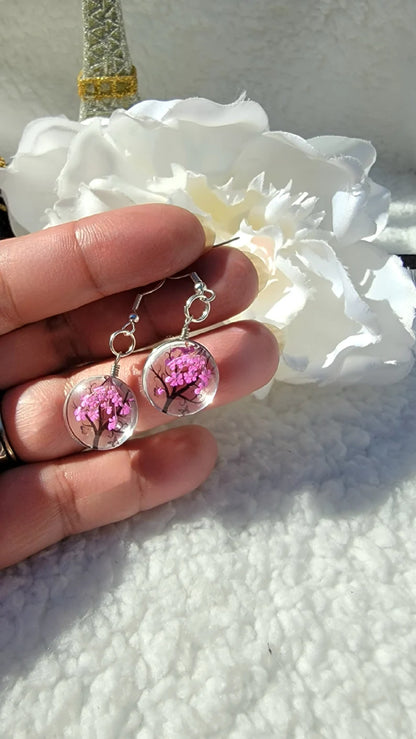 Bright Pink Baby's Breath Earrings, Tree of Life Danlge