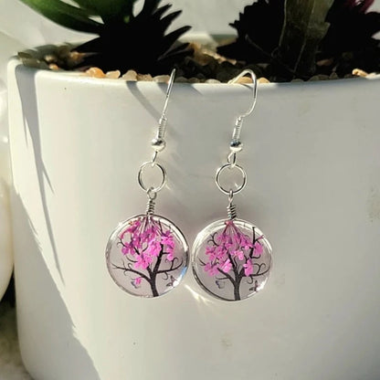 Bright Pink Baby's Breath Earrings, Tree of Life Danlge