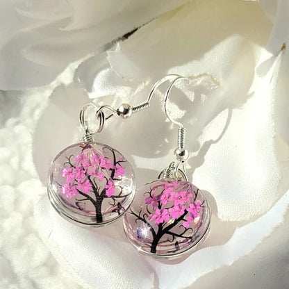 Bright Pink Baby's Breath Earrings, Tree of Life Danlge