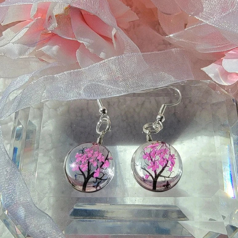 Bright Pink Baby's Breath Earrings, Tree of Life Danlge