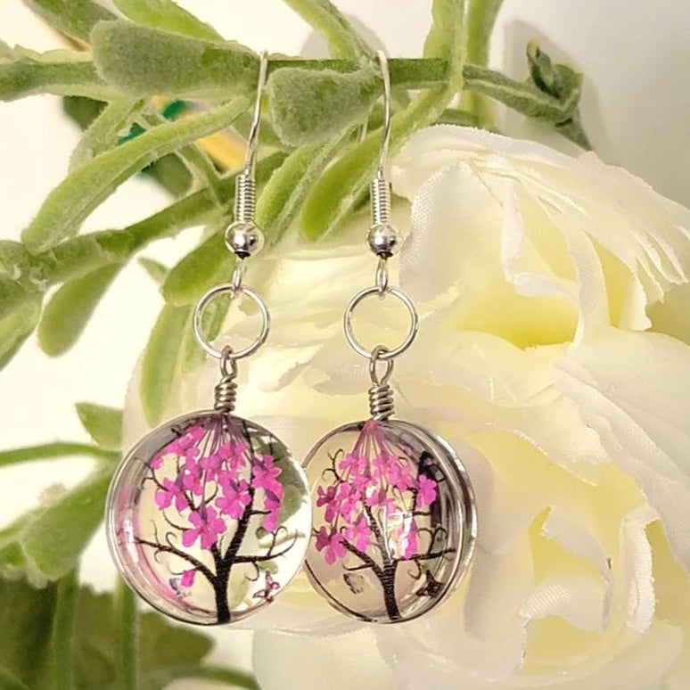 Bright Pink Baby's Breath Earrings, Tree of Life Danlge