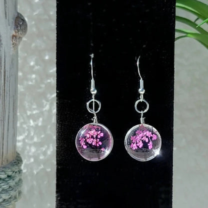 Bright Pink Baby's Breath Earrings, Tree of Life Danlge