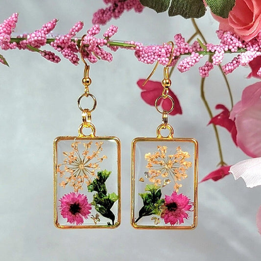 Unique Botanical Flower Earrings, Bright Pink Dangle, Miniature Daisy Pendants, Handmade Creations, Spring & Summer Jewelry