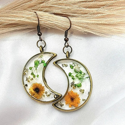 Brown Carnation Bud Flower Earrings, Verdant Baby's Breath in Resin Dangle