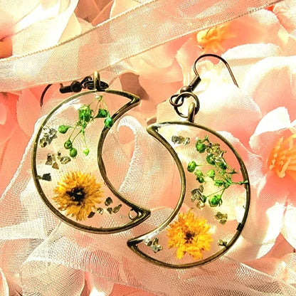 Brown Carnation Bud Flower Earrings, Verdant Baby's Breath in Resin Dangle