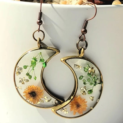 Brown Carnation Bud Flower Earrings, Verdant Baby's Breath in Resin Dangle