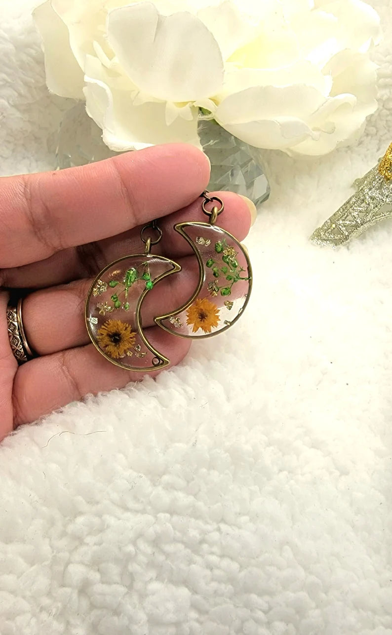 Brown Carnation Bud Flower Earrings, Verdant Baby's Breath in Resin Dangle