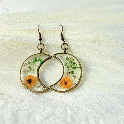 Brown Carnation Bud Flower Earrings, Verdant Baby's Breath in Resin Dangle