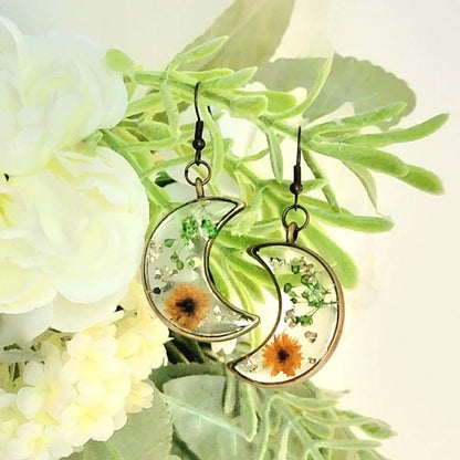 Brown Carnation Bud Flower Earrings, Verdant Baby's Breath in Resin Dangle