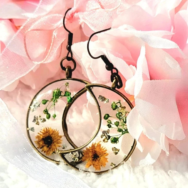 Brown Carnation Bud Flower Earrings, Verdant Baby's Breath in Resin Dangle