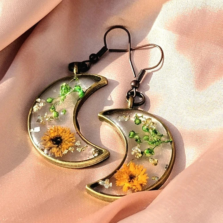 Brown Carnation Bud Flower Earrings, Verdant Baby's Breath in Resin Dangle