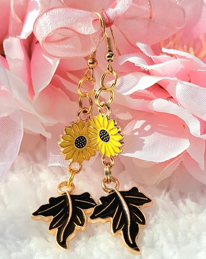 Yellow Sunflower and Deep Brown Maple Leaf Charm Earrings