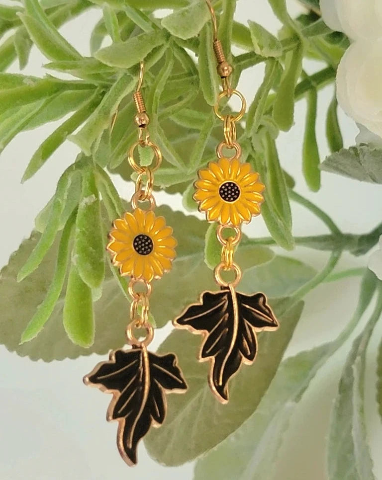 Yellow Sunflower and Deep Brown Maple Leaf Charm Earrings