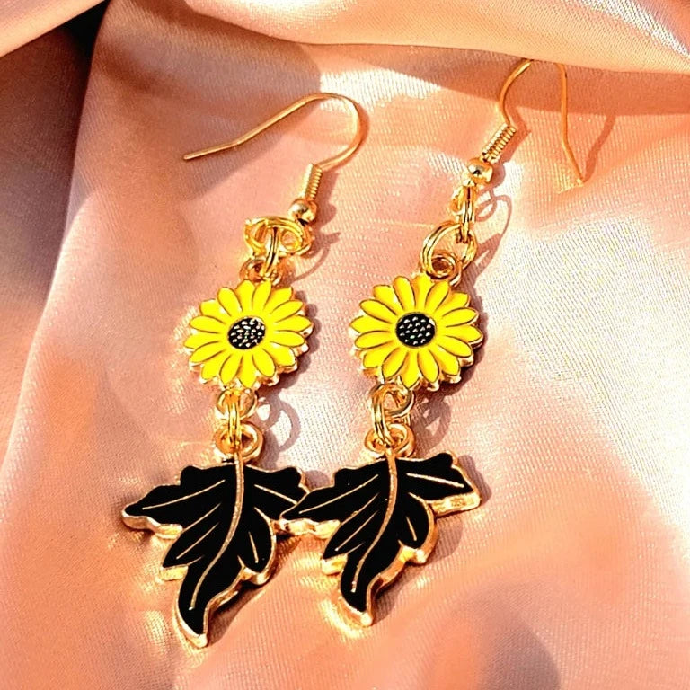 Yellow Sunflower and Deep Brown Maple Leaf Charm Earrings