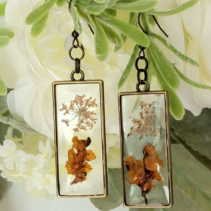 One of a Kind Burnt Orange Limonium Earring, Delicate Dried Blossom Dangle, Artistic Fall Nature Pendant