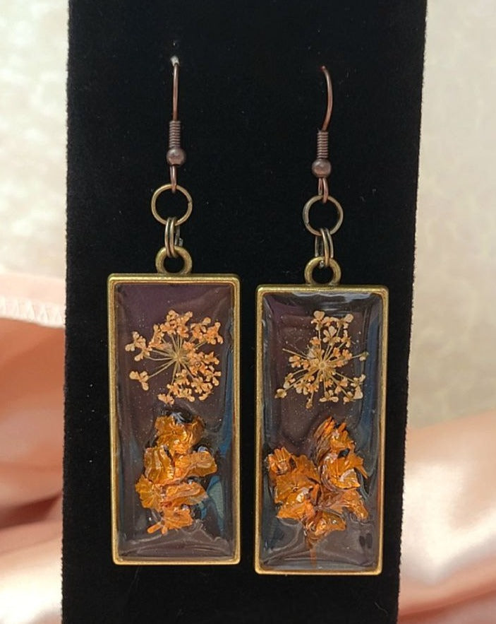 One of a Kind Burnt Orange Limonium Earring, Delicate Dried Blossom Dangle, Artistic Fall Nature Pendant