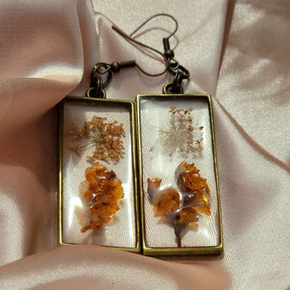 One of a Kind Burnt Orange Limonium Earring, Delicate Dried Blossom Dangle, Artistic Fall Nature Pendant