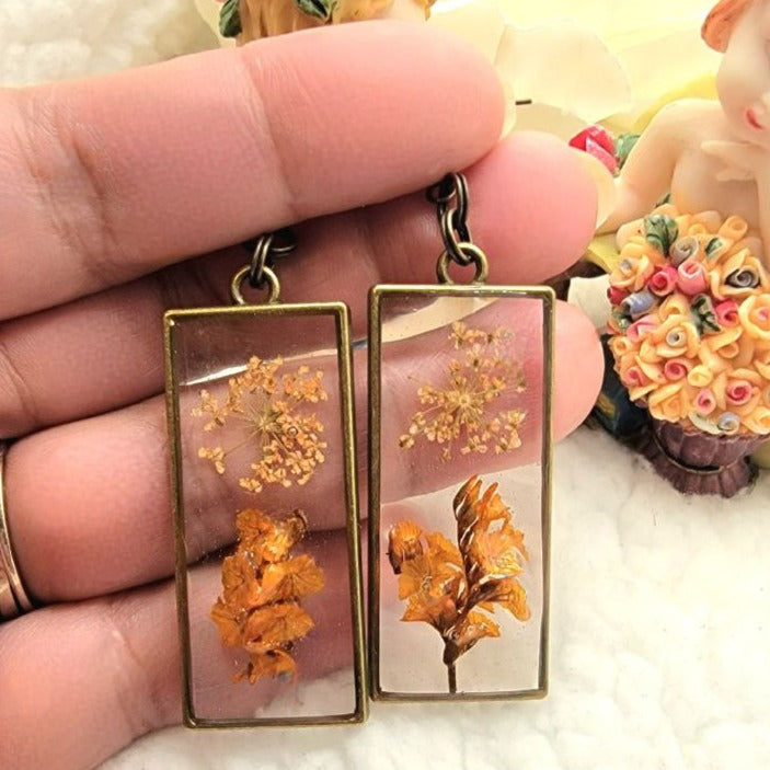 One of a Kind Burnt Orange Limonium Earring, Delicate Dried Blossom Dangle, Artistic Fall Nature Pendant