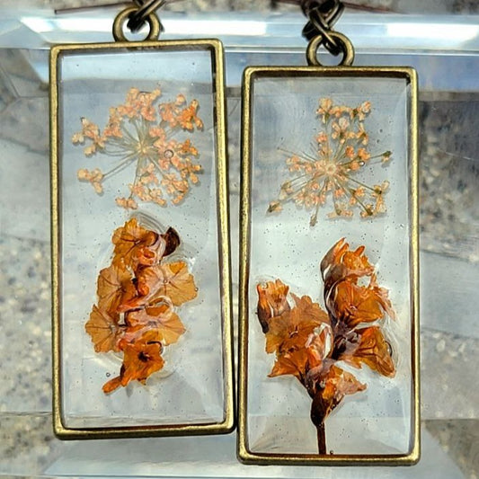 One of a Kind Burnt Orange Limonium Earring, Delicate Dried Blossom Dangle, Artistic Fall Nature Pendant