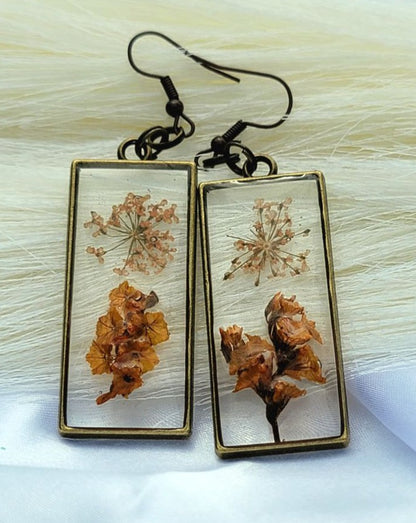 One of a Kind Burnt Orange Limonium Earring, Delicate Dried Blossom Dangle, Artistic Fall Nature Pendant