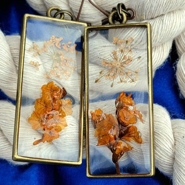 One of a Kind Burnt Orange Limonium Earring, Delicate Dried Blossom Dangle, Artistic Fall Nature Pendant