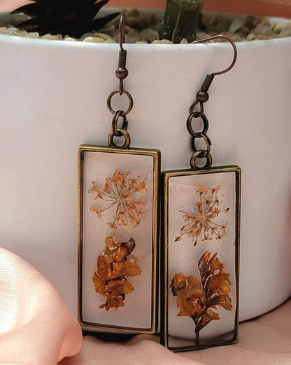 One of a Kind Burnt Orange Limonium Earring, Delicate Dried Blossom Dangle, Artistic Fall Nature Pendant