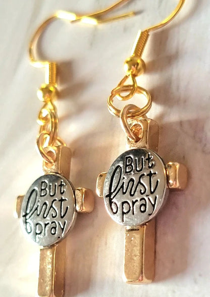 But First Pray Inscribed Earring, Scripture Jewelry, Religious Milestone