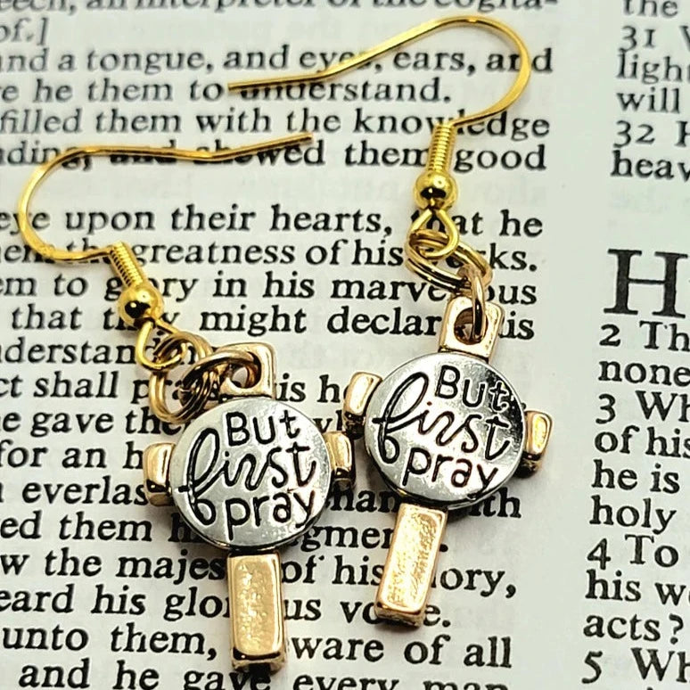 But First Pray Inscribed Earring, Scripture Jewelry, Religious Milestone