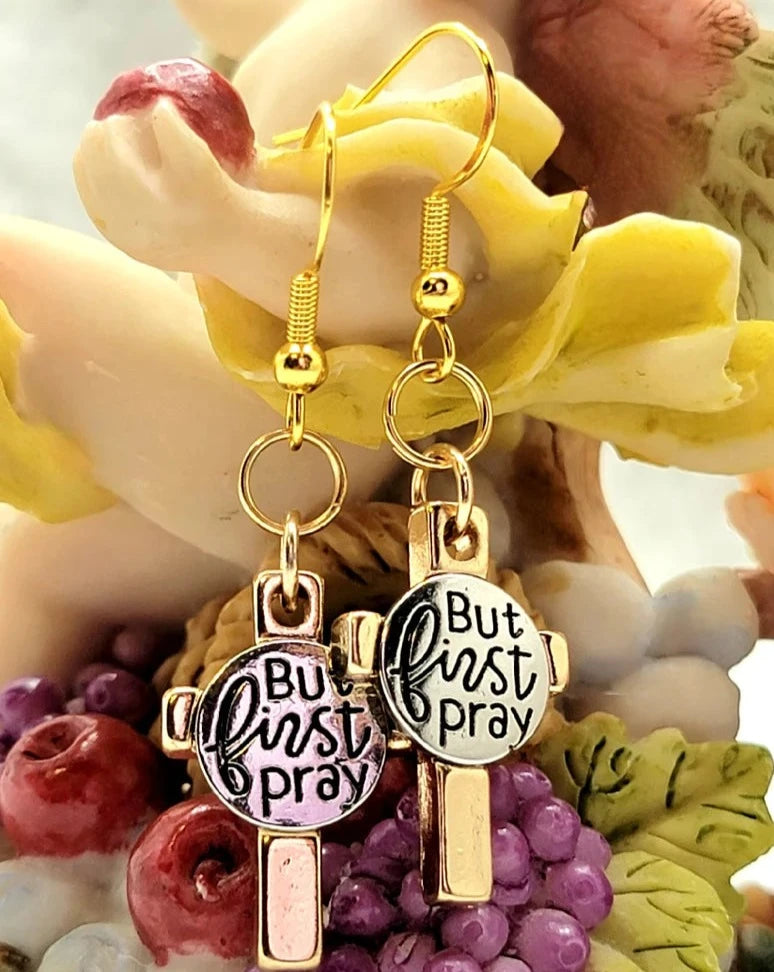 But First Pray Inscribed Earring, Scripture Jewelry, Religious Milestone