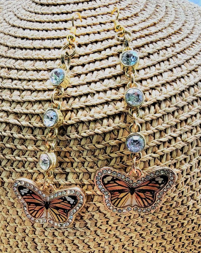 Rhinestone-Studded Monarch Butterfly Earring, Elegant Dangles for Summer Events