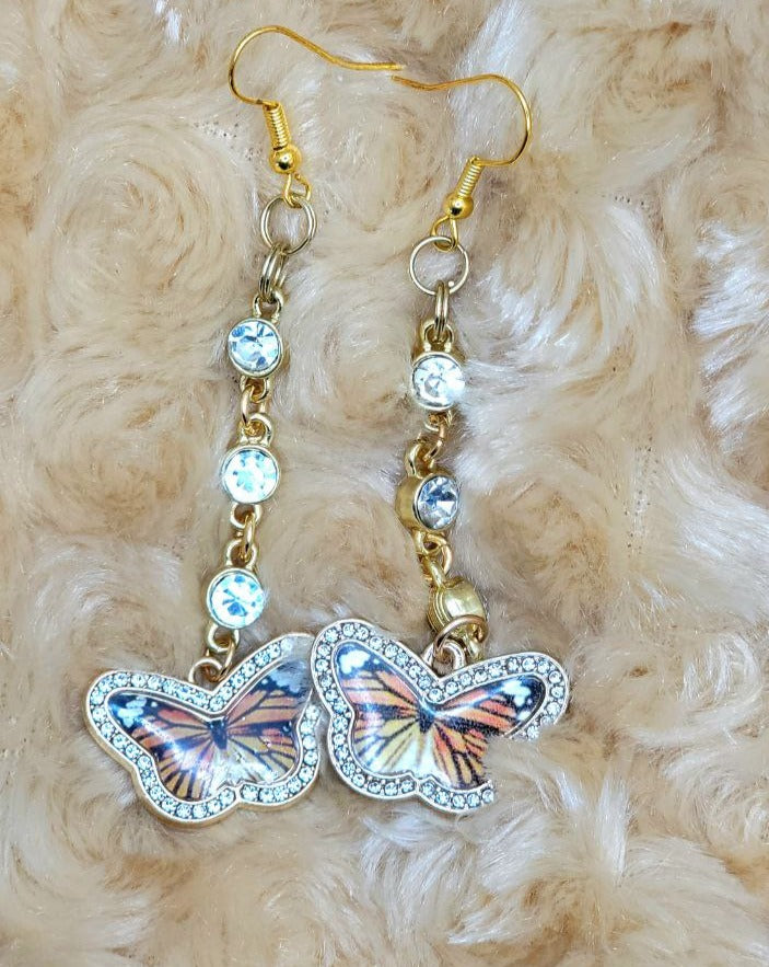 Rhinestone-Studded Monarch Butterfly Earring, Elegant Dangles for Summer Events