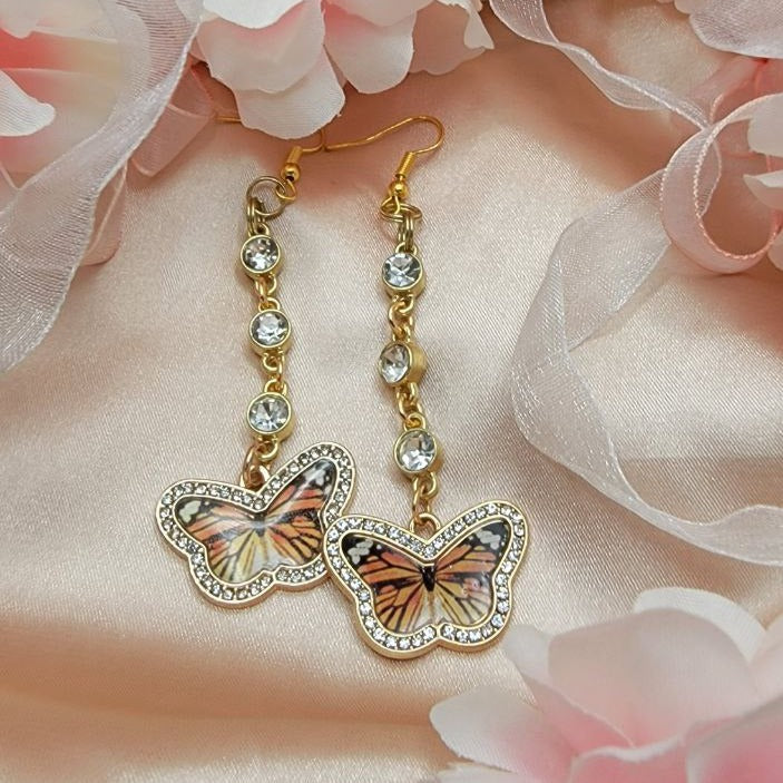 Rhinestone-Studded Monarch Butterfly Earring, Elegant Dangles for Summer Events