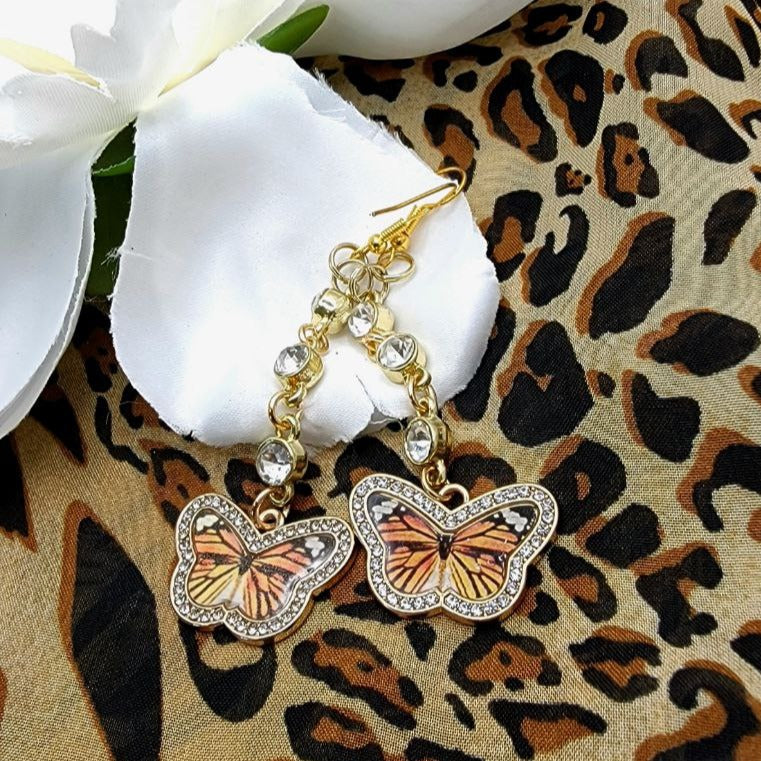 Rhinestone-Studded Monarch Butterfly Earring, Elegant Dangles for Summer Events