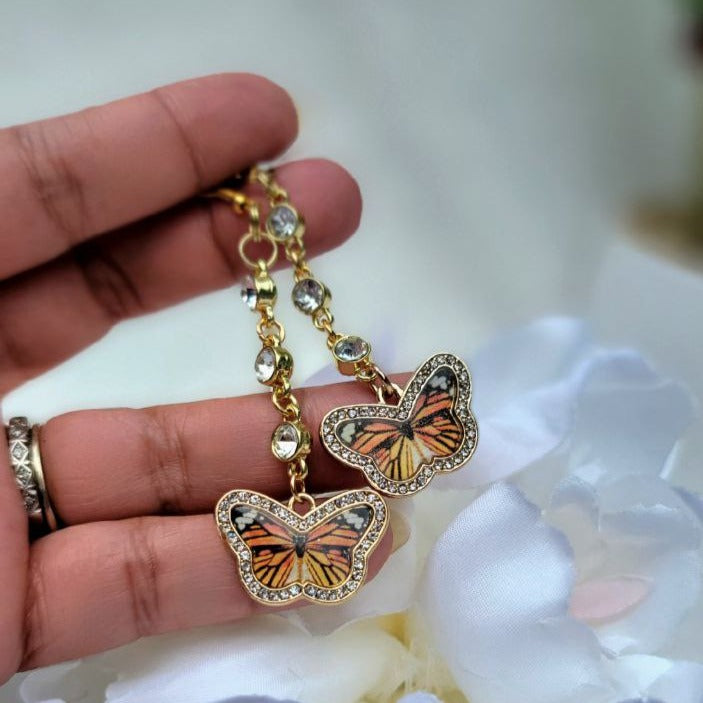 Pendiente de mariposa monarca con diamantes de imitación, colgantes elegantes para eventos de verano, accesorios de lujo para mujer, gota inspirada en la naturaleza