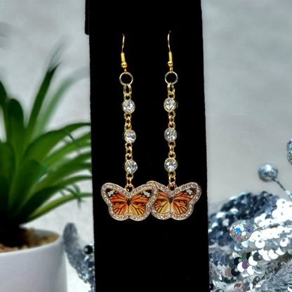 Rhinestone-Studded Monarch Butterfly Earring, Elegant Dangles for Summer Events