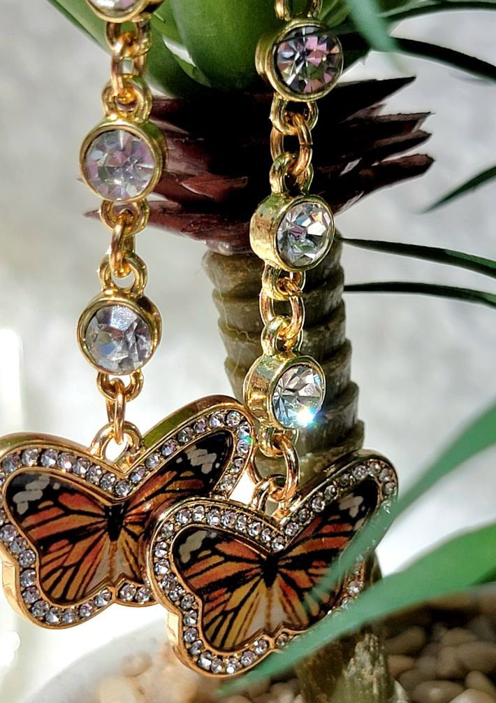 Rhinestone-Studded Monarch Butterfly Earring, Elegant Dangles for Summer Events