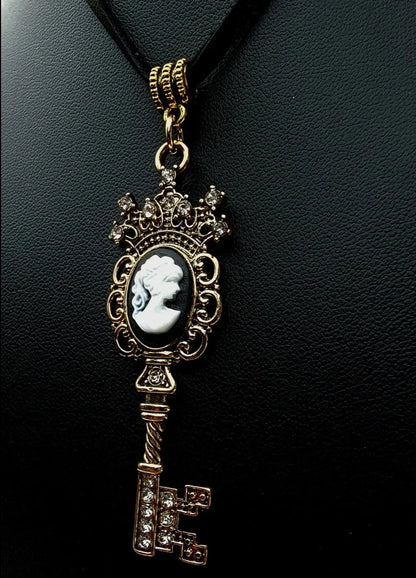 Captivating Gold Key with Cameo Emblem Necklace