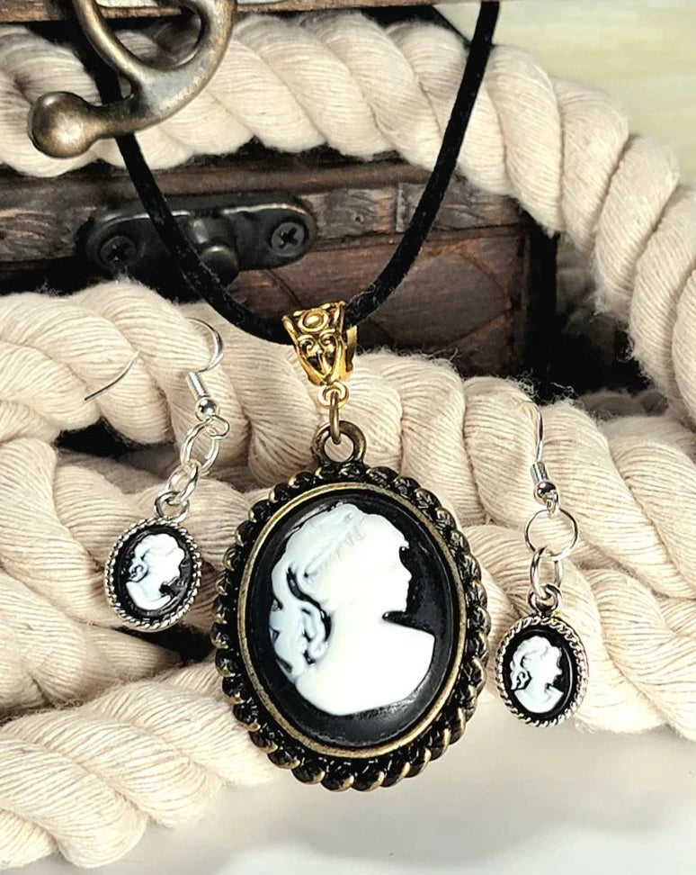 Classic White Cameo Oval Pendant Necklace and Lightweight Cameo Drop Earring Jewelry Set