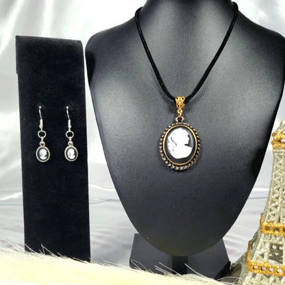 Classic White Cameo Oval Pendant Necklace and Lightweight Cameo Drop Earring Jewelry Set